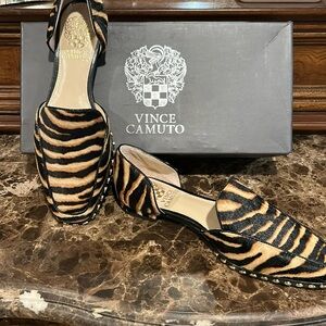 Vince Camuto Leather D’Orsay Flats Tiger Print Calf Fur Gold Studs